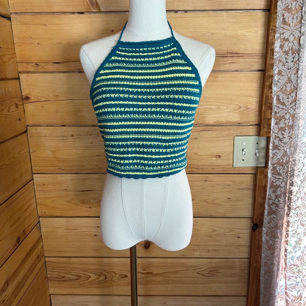 Vintage Halter Top Womens Medium Teal Green Yellow Striped Knit Backless Garage